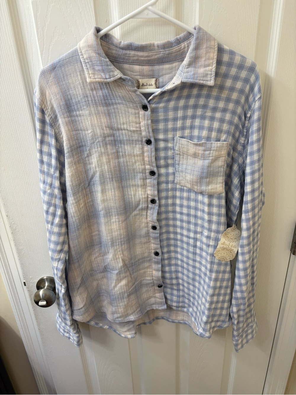 Light Blue Plaid Button-Up Shirt - Women’s
